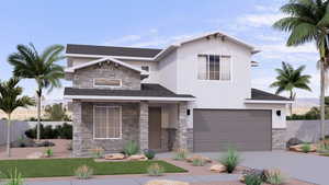 View of front of home with stone siding, an attached garage, stucco siding, concrete driveway, and a shingled roof