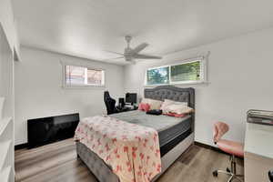 Bedroom featuring light wood-style flooring, multiple windows, a ceiling fan, and an office area