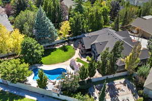 View from above of property featuring a pool