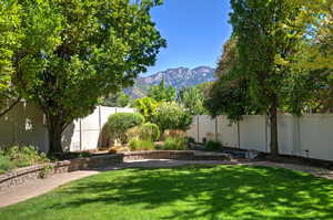 Fenced backyard with a mountain view and a patio area