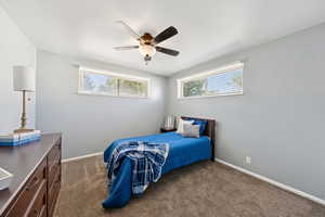 Bedroom featuring dark carpet, multiple windows, and a ceiling fan