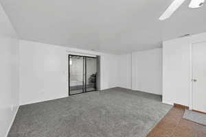 Second view of the living room highlighting the fresh carpet, and additional storage