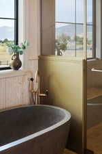 Full bathroom with a mountain view, a freestanding tub, and plenty of natural light