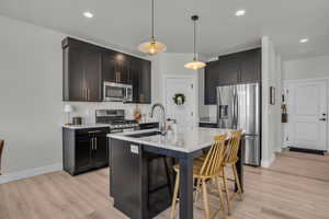 Kitchen featuring appliances with stainless steel finishes, pendant lighting, recessed lighting, a kitchen bar, and light wood-type flooring