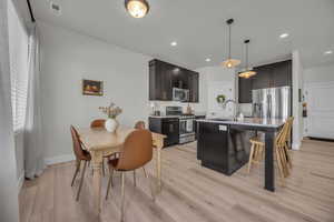 Kitchen featuring hanging light fixtures, stainless steel appliances, an island with sink, a kitchen bar, and light wood-style floors