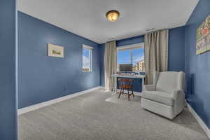Living area featuring carpet flooring and a desk