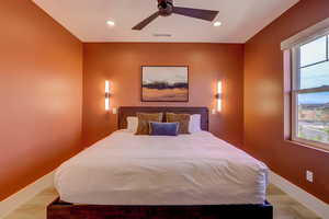 Bedroom with recessed lighting, ceiling fan, and light wood-style floors