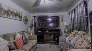 Living room featuring wood finished floors and a ceiling fan