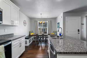 Kitchen featuring dark stone countertops, appliances with stainless steel finishes, hanging light fixtures, dark wood-style flooring, and white cabinets
