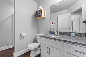 Bathroom with vanity and dark wood-style floors