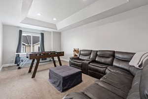 Carpeted living room featuring a raised ceiling and recessed lighting