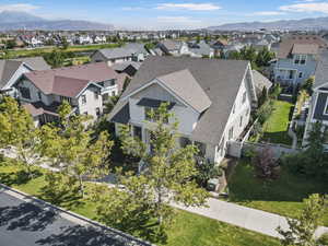 Aerial perspective of suburban area featuring mountains