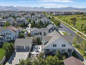 Drone / aerial view of a mountainous background