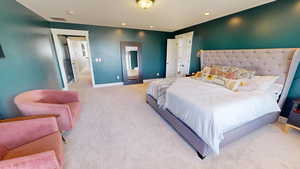 Carpeted bedroom featuring baseboards and recessed lighting