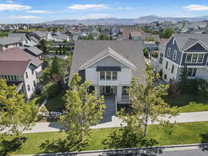 Aerial perspective of suburban area with mountains