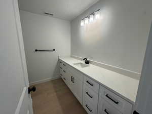 Bathroom featuring vanity, light wood finished floors, and a textured ceiling