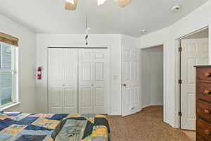 Bedroom with carpet floors, a closet, and ceiling fan