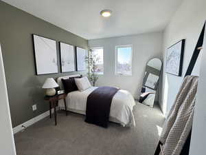 Bedroom with carpet floors and baseboards