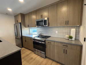 Kitchen featuring stainless steel appliances, light wood finished floors, decorative backsplash, recessed lighting, and dark countertops