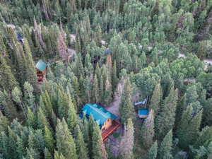 View from above of property featuring a forest