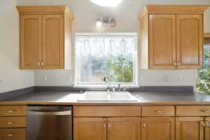 Kitchen featuring stainless steel dishwasher, dark countertops, and light brown cabinetry