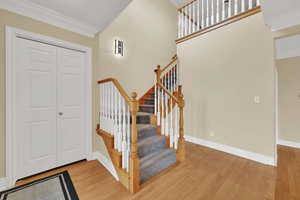 Staircase with ornamental molding and wood finished floors