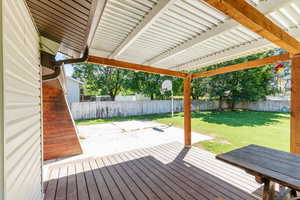 Wooden deck with a fenced backyard