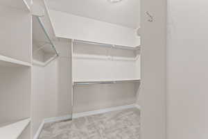 Walk in closet with light colored carpet