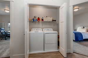 Washroom with light carpet, independent washer and dryer, and light wood-type flooring