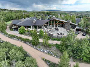 Drone / aerial view of a mountainous background