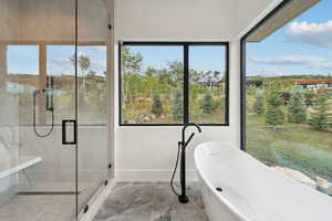 Bathroom featuring healthy amount of natural light, a freestanding tub, and a stall shower