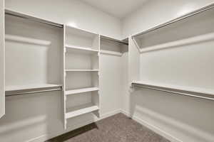 Walk in closet featuring dark colored carpet