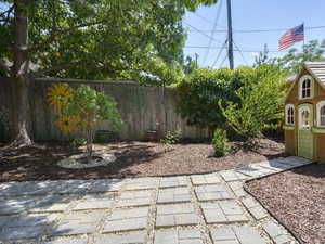 Fenced backyard with an outbuilding