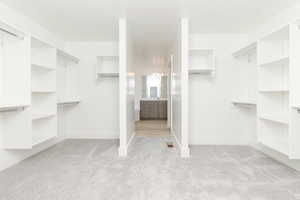 Walk in closet with light colored carpet