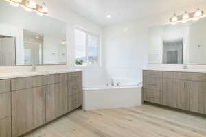 Bathroom featuring two vanities, a shower stall, a bath, light wood-style floors, and recessed lighting