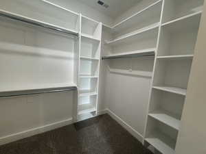 Walk in closet featuring dark colored carpet