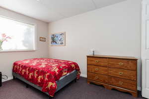 Bedroom with dark colored carpet and a paneled ceiling
