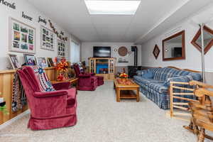Living room featuring light carpet, a paneled ceiling, and a wood stove