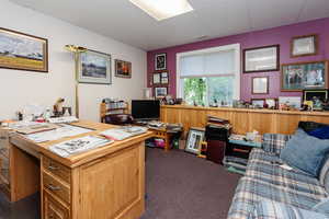 Home office with a paneled ceiling and dark carpet