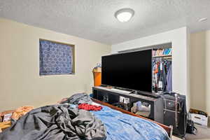 Carpeted bedroom with a textured ceiling and a closet