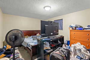 Bedroom with carpet flooring and a textured ceiling