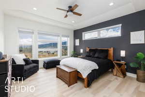 Primary Bedroom featuring light wood-type flooring, a ceiling fan, and recessed lighting