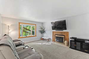 Living area featuring carpet floors and a fireplace