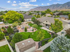 Aerial view of residential area with a mountainous background