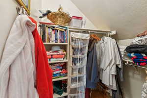 Walk in closet featuring dark wood-style flooring and lofted ceiling