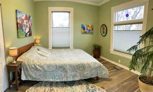 Bedroom featuring wood finished floors and ornamental molding