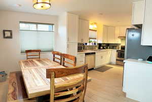 Kitchen with white cabinets, backsplash, light wood-style floors, and stainless steel appliances