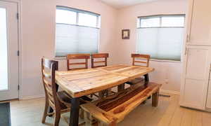 Dining space featuring plenty of natural light and light wood finished floors
