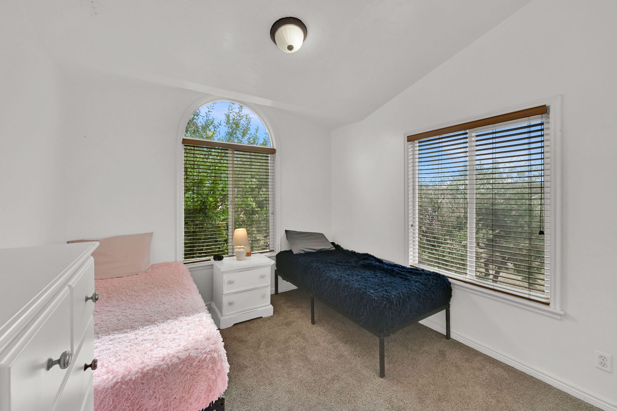 Bedroom with lofted ceiling, light colored carpet, and multiple windows