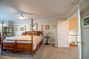 Bedroom with crown molding, carpet flooring, and a ceiling fan